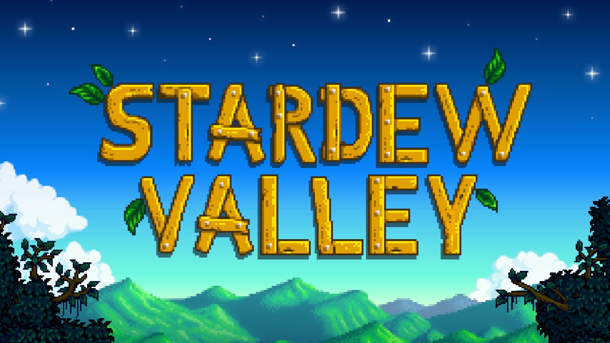 Stardew Valley logo in wooden letters over green pixel-art mountains