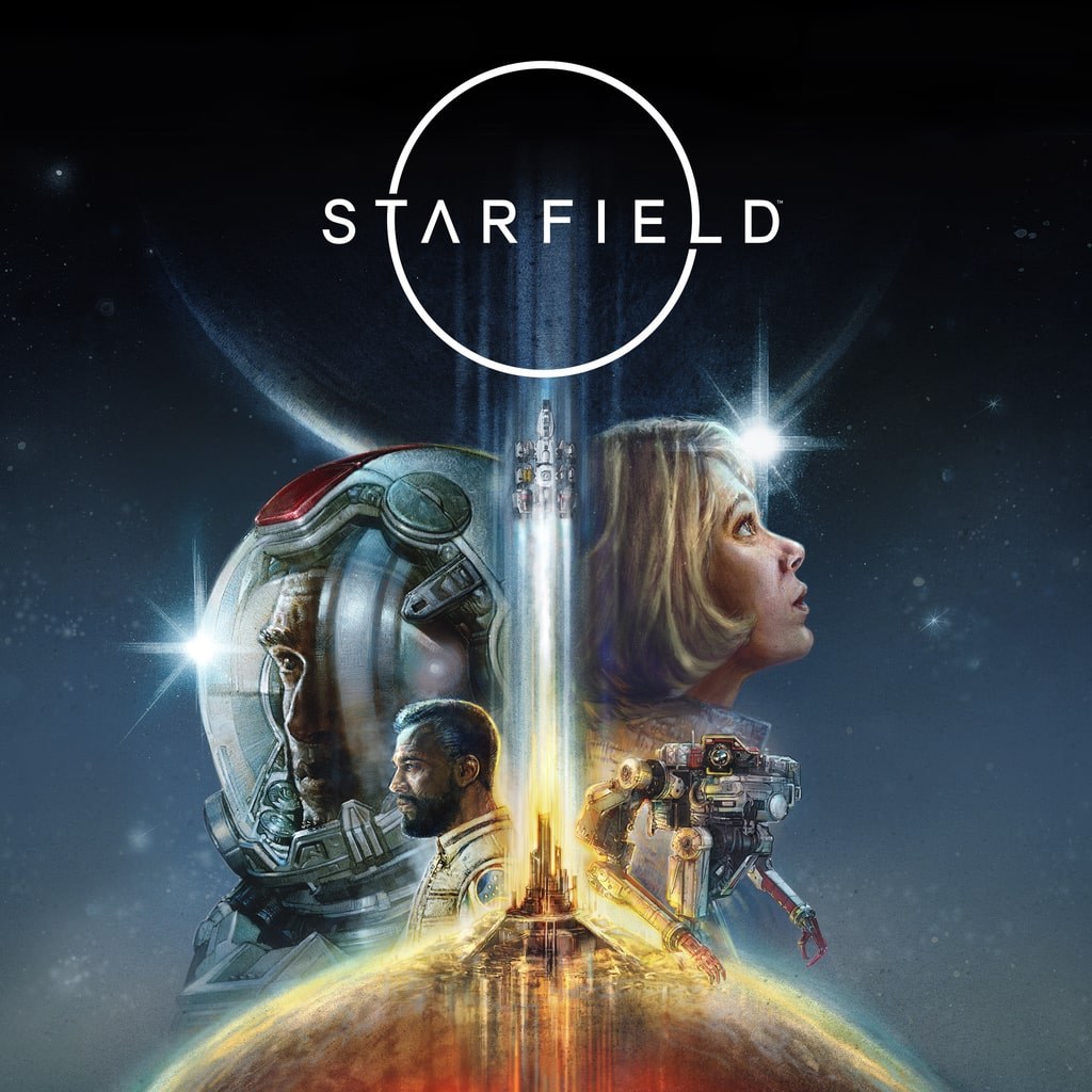 Starfield key art with astronauts, a robot and a launching ship