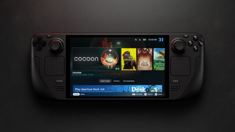 Steam Deck handheld showing the Steam library home screen with recent games