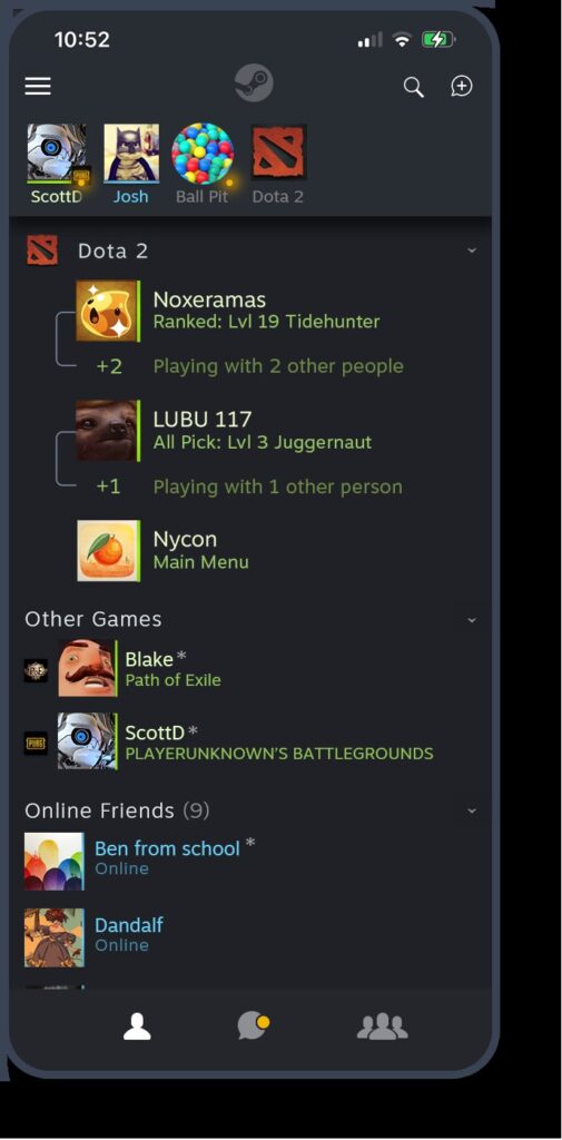 Steam Mobile app friends list showing profile names of online friends