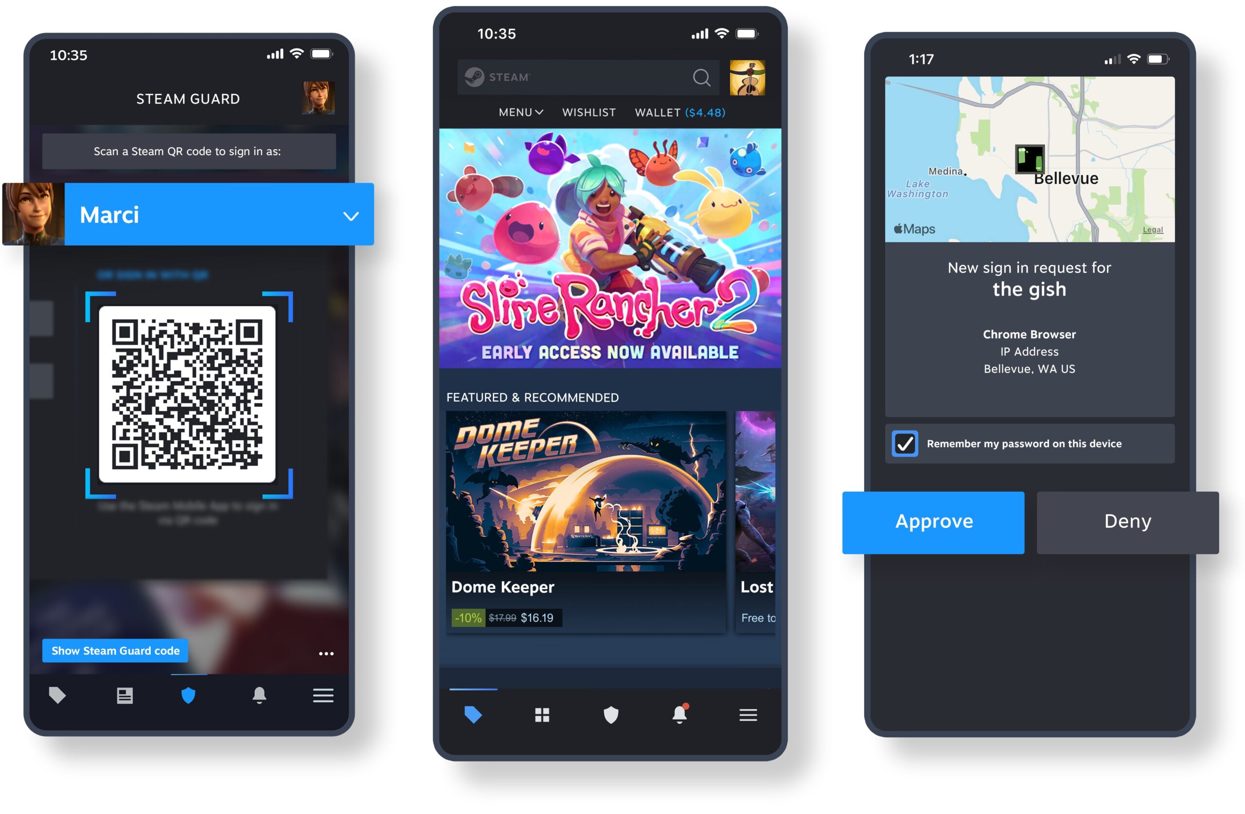 Steam Mobile app screens showing Steam Guard QR code, store and sign-in approval