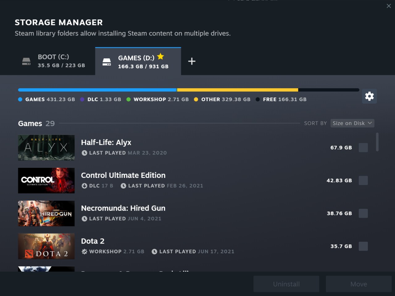 Steam Storage Manager with drive tabs, a space usage bar and installed games