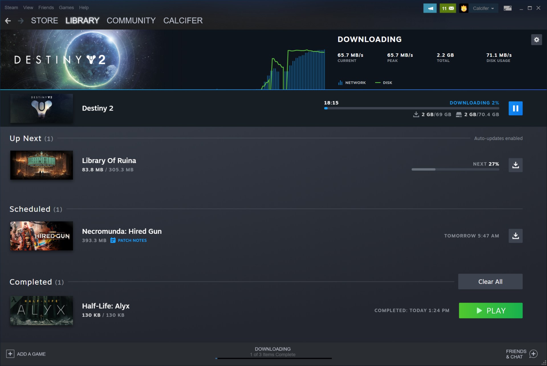Steam downloads page showing an active download, Up Next and Scheduled lists
