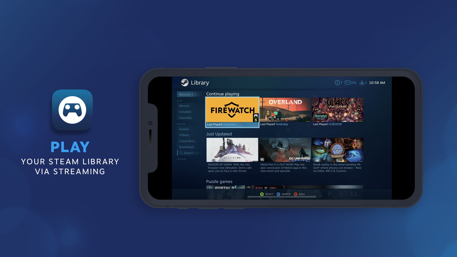 Steam library streamed to a phone through the Steam Link app