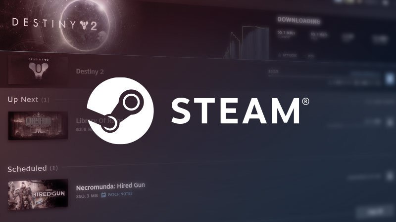Steam logo over the Steam client downloads page with queued games