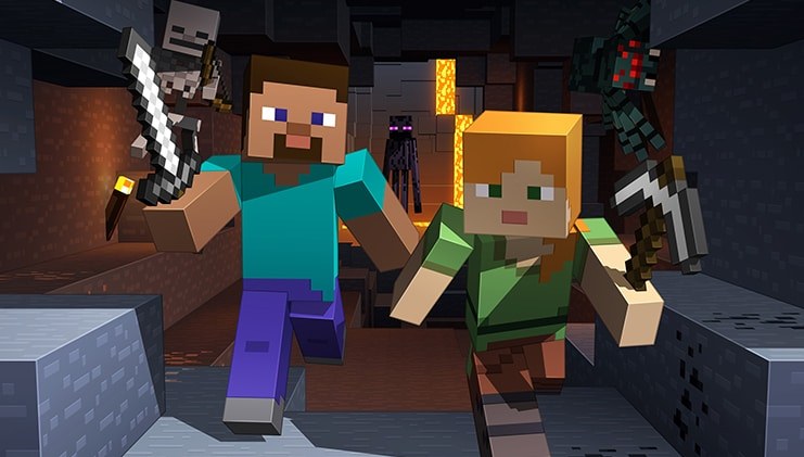 Steve and Alex running through a Minecraft cave holding a sword and pickaxe
