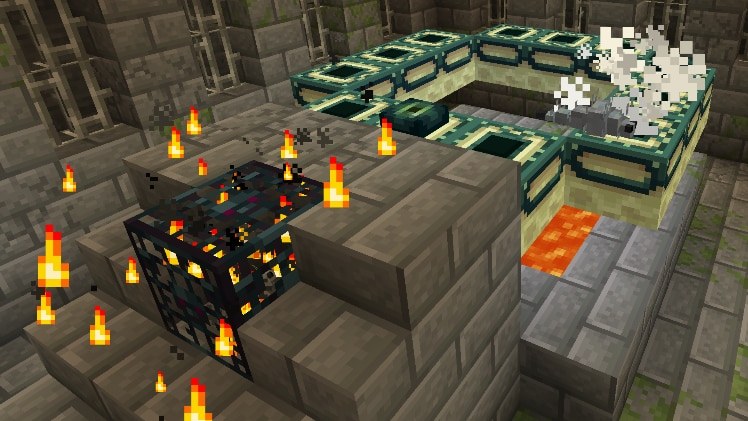 Stronghold portal room with End portal frame blocks above a lava pool