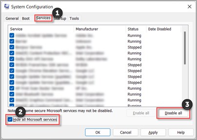 System Configuration Services tab with Hide all Microsoft services and Disable all highlighted