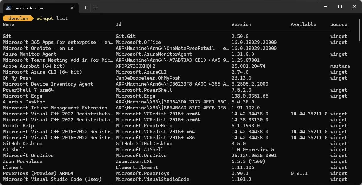 Terminal window showing winget list output with Version and Available columns