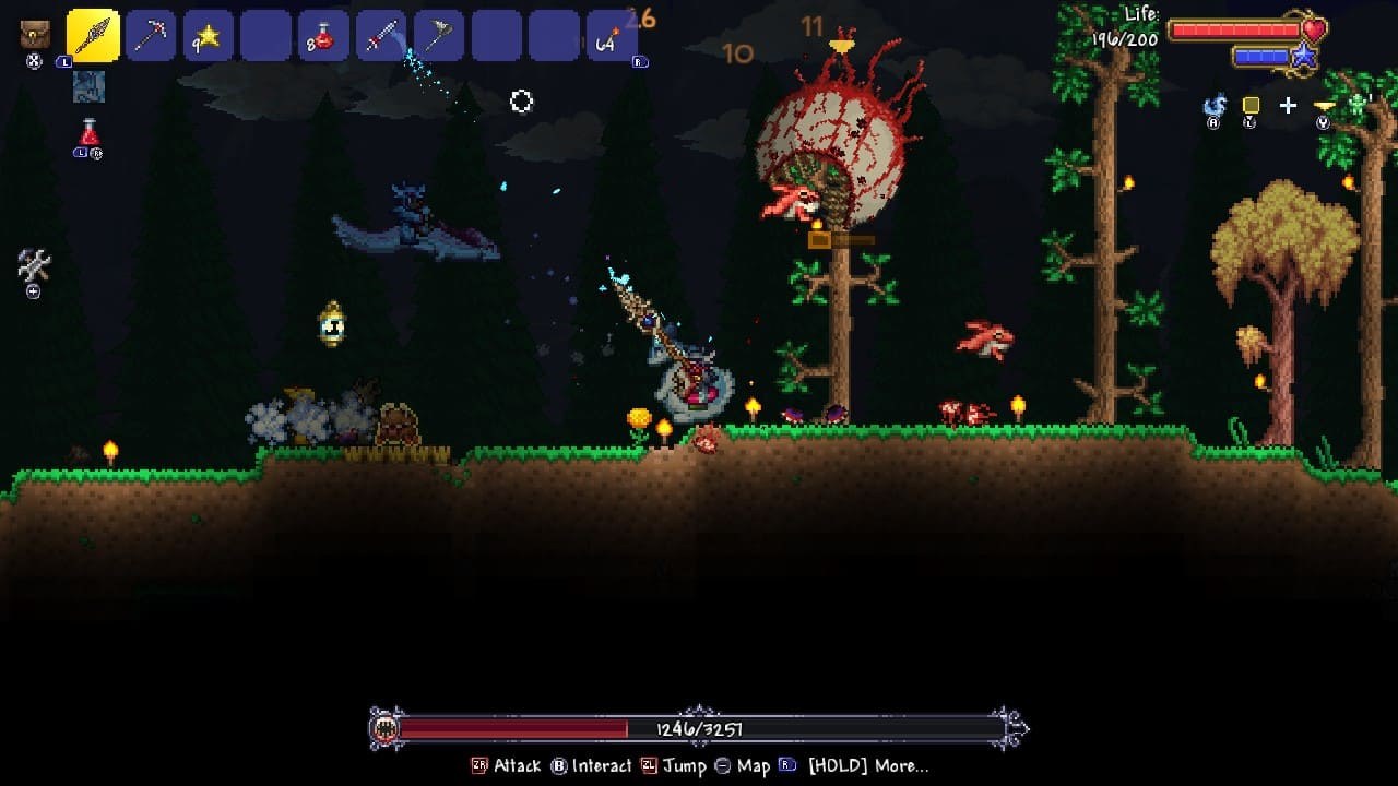 Terraria boss fight at night on Nintendo Switch with a boss health bar