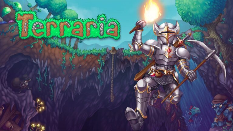 Terraria key art with the game logo and an armored knight holding a torch