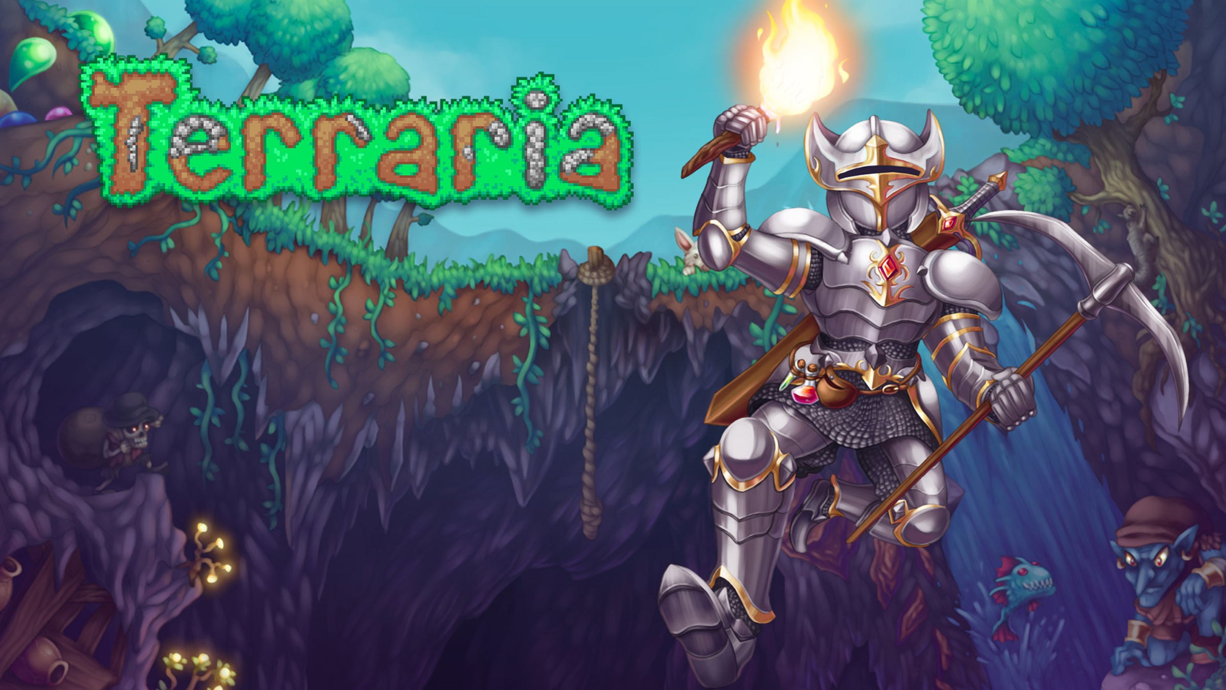 Terraria key art with the game logo and an armored knight holding a torch
