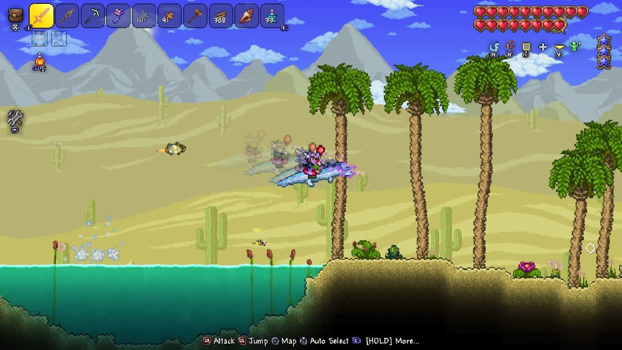 Terraria on Nintendo Switch with a player flying over a desert oasis