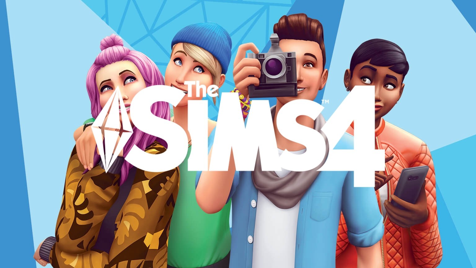 The Sims 4 key art showing four Sims around the game logo