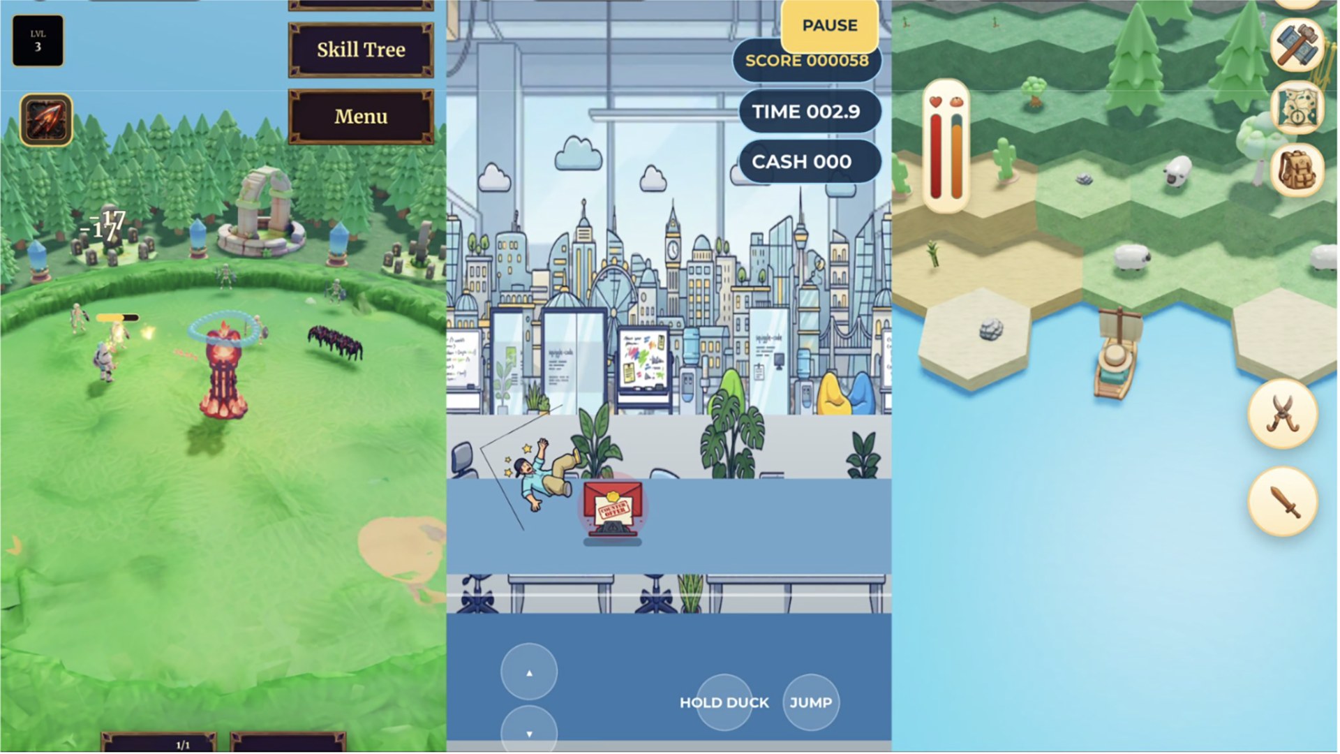 Three Roblox experiences running with on-screen touch controls and score panels