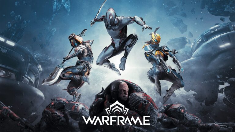 Three Warframes leap over a Grineer soldier beneath the Warframe logo