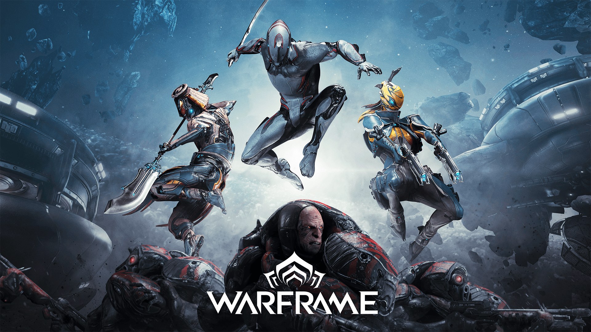 Three Warframes leap over a Grineer soldier beneath the Warframe logo