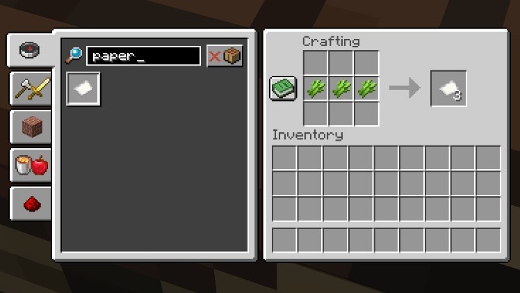 Three sugar cane in one row of a Minecraft crafting grid
