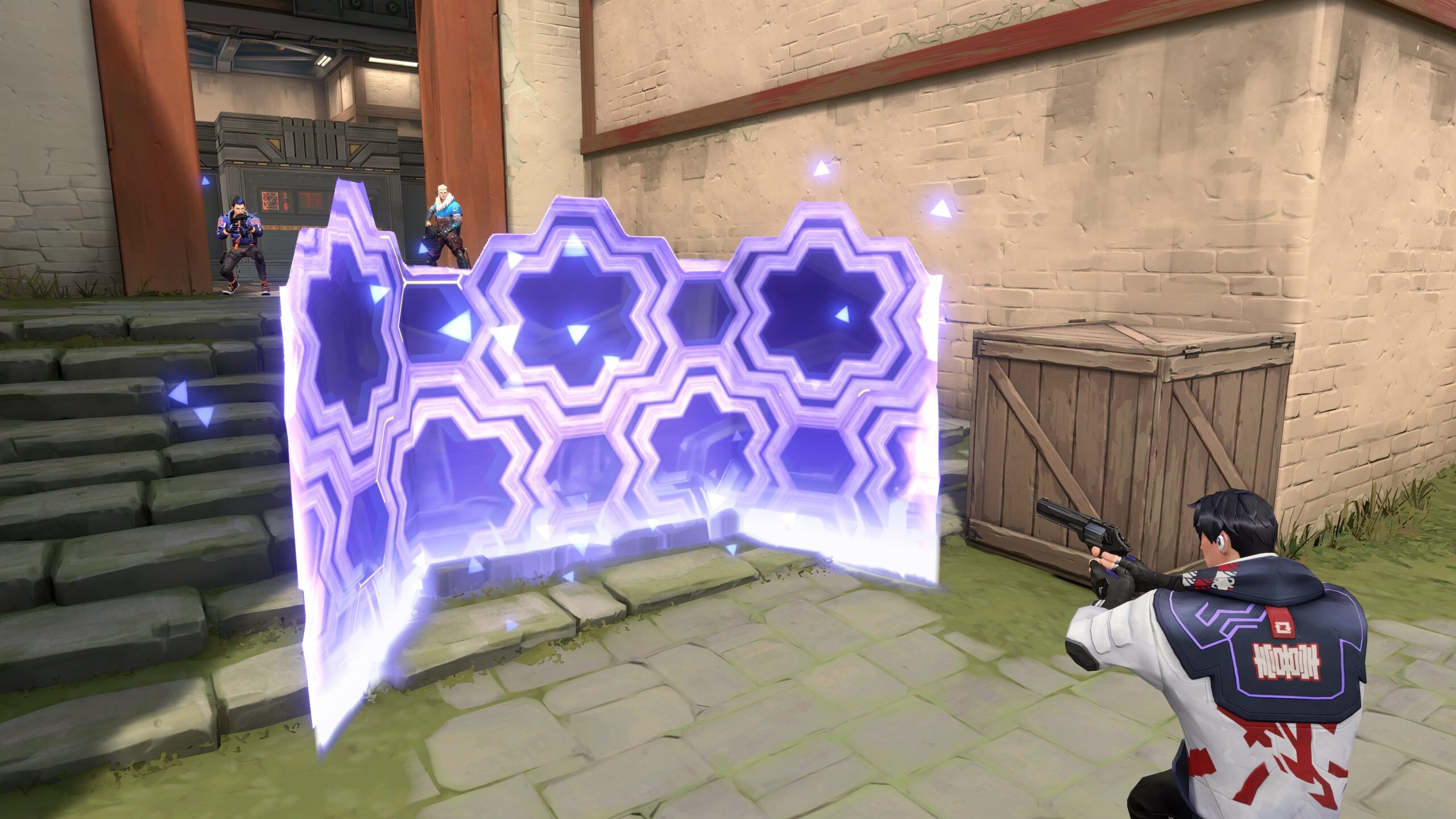 Valorant Agent aiming a revolver beside a purple hexagon barrier