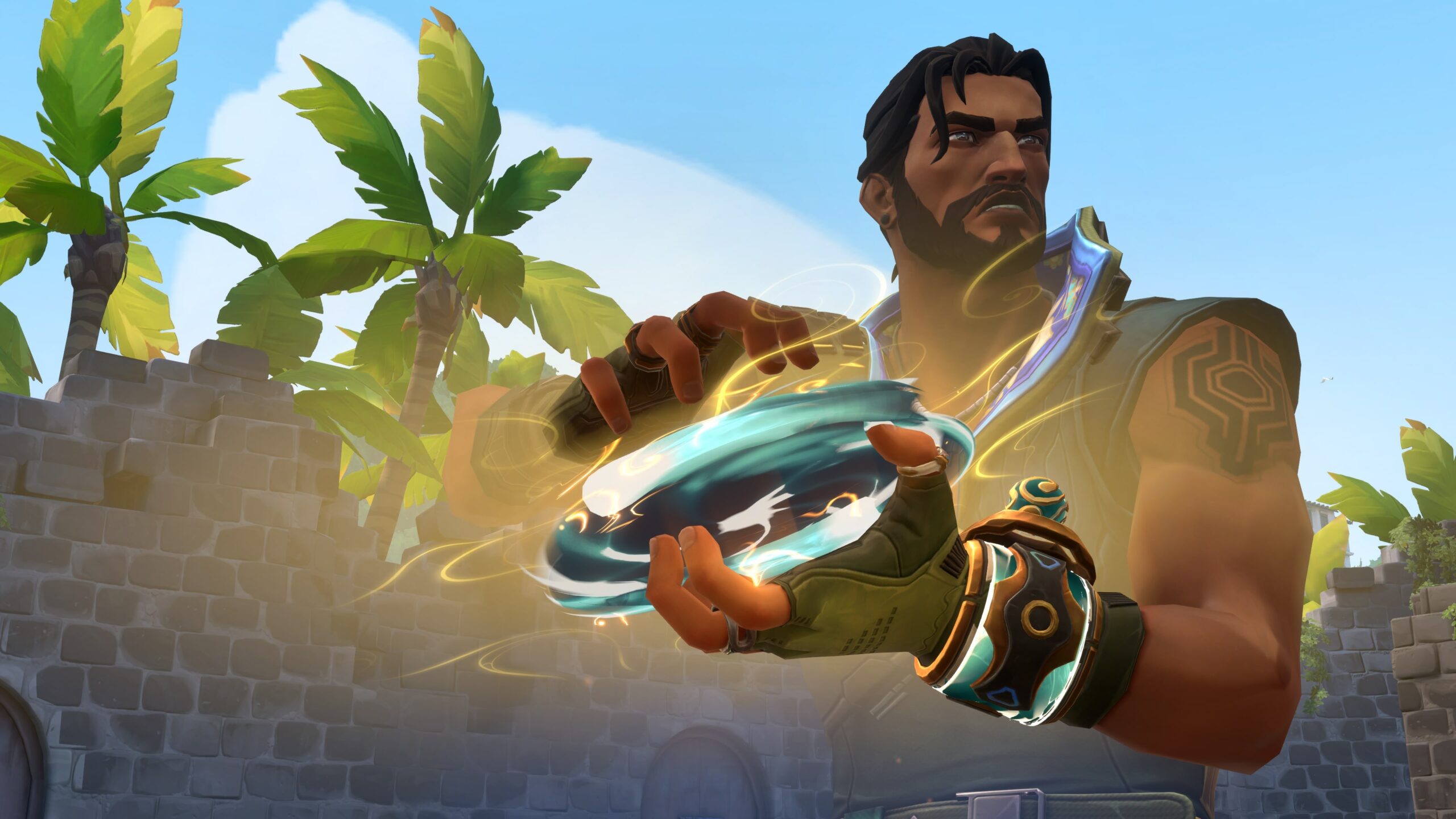 Valorant Agent holding a glowing disc of swirling energy outdoors
