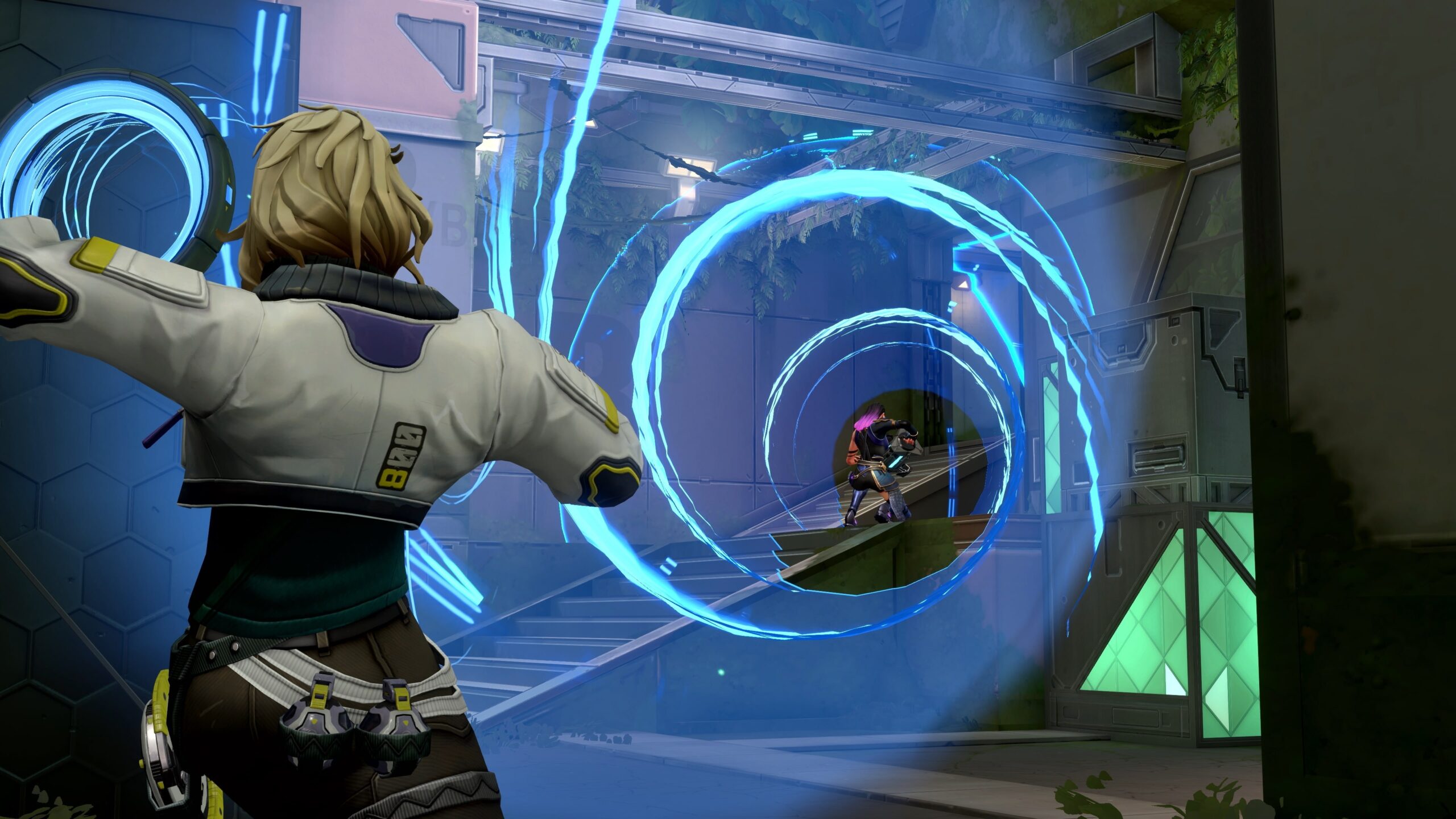 Valorant Agent throwing blue spiral rings at an opponent on stairs