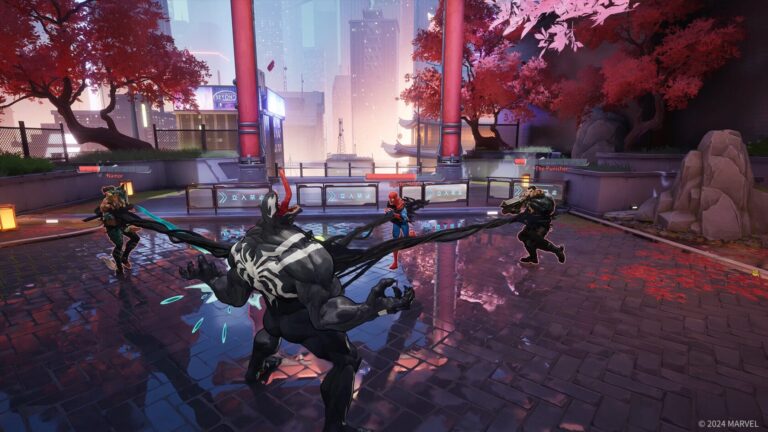 Venom attacks Spider-Man, Namor and The Punisher on a rainy city plaza