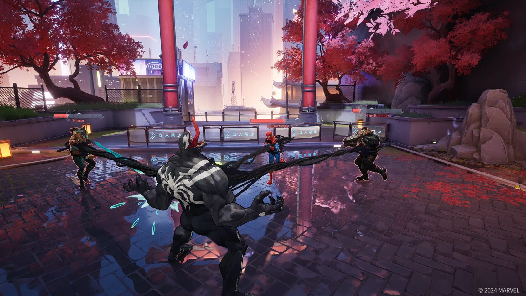 Venom attacks Spider-Man, Namor and The Punisher on a rainy city plaza