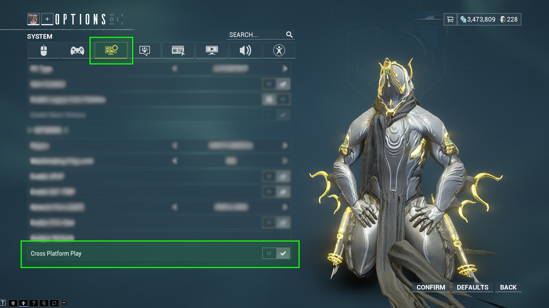 Warframe Options menu with the Cross Platform Play toggle highlighted in green