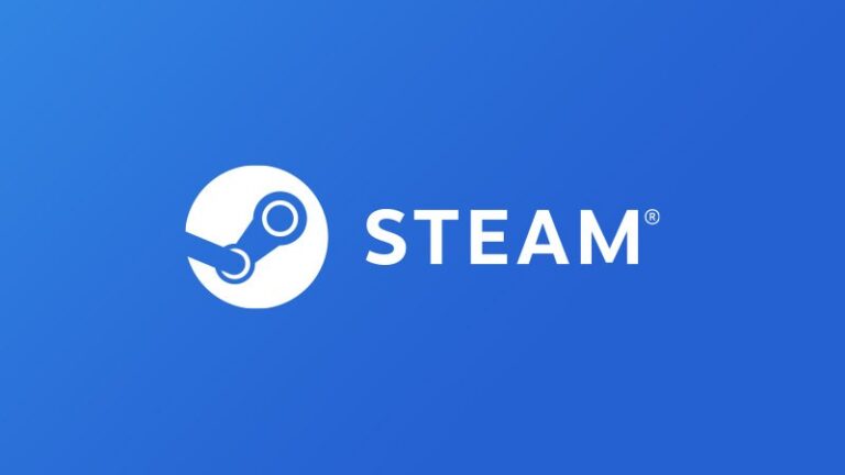 White Steam logo and wordmark on a blue gradient background