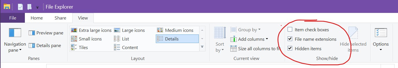 Windows File Explorer View tab with File name extensions checked