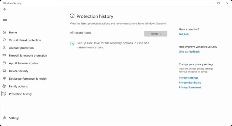 Windows Security app open on the Protection history page in Windows 11