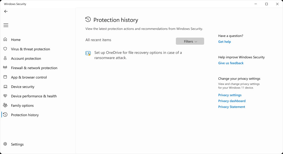 Windows Security app open on the Protection history page in Windows 11