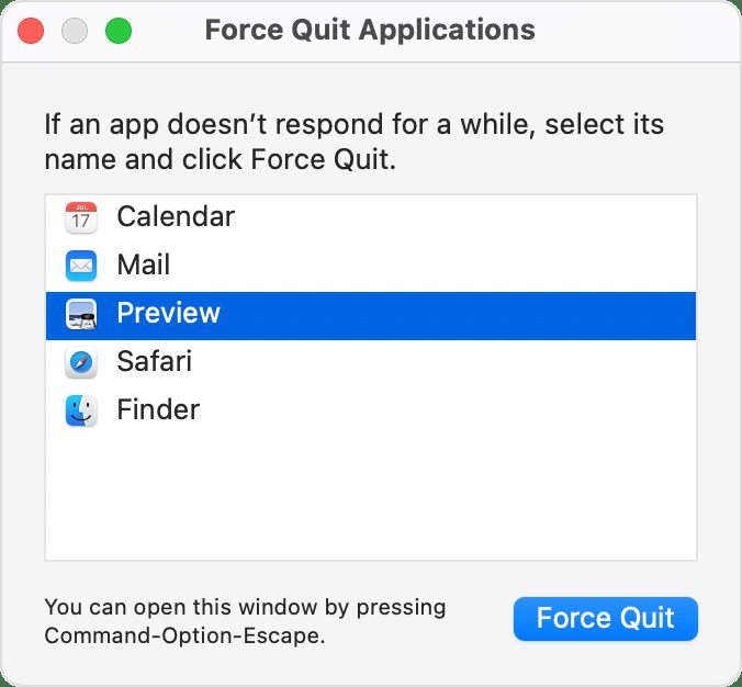 macOS Force Quit Applications window with an app selected and Force Quit button