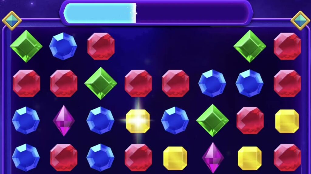 Microsoft Jewel board filled with colored gems and a score meter