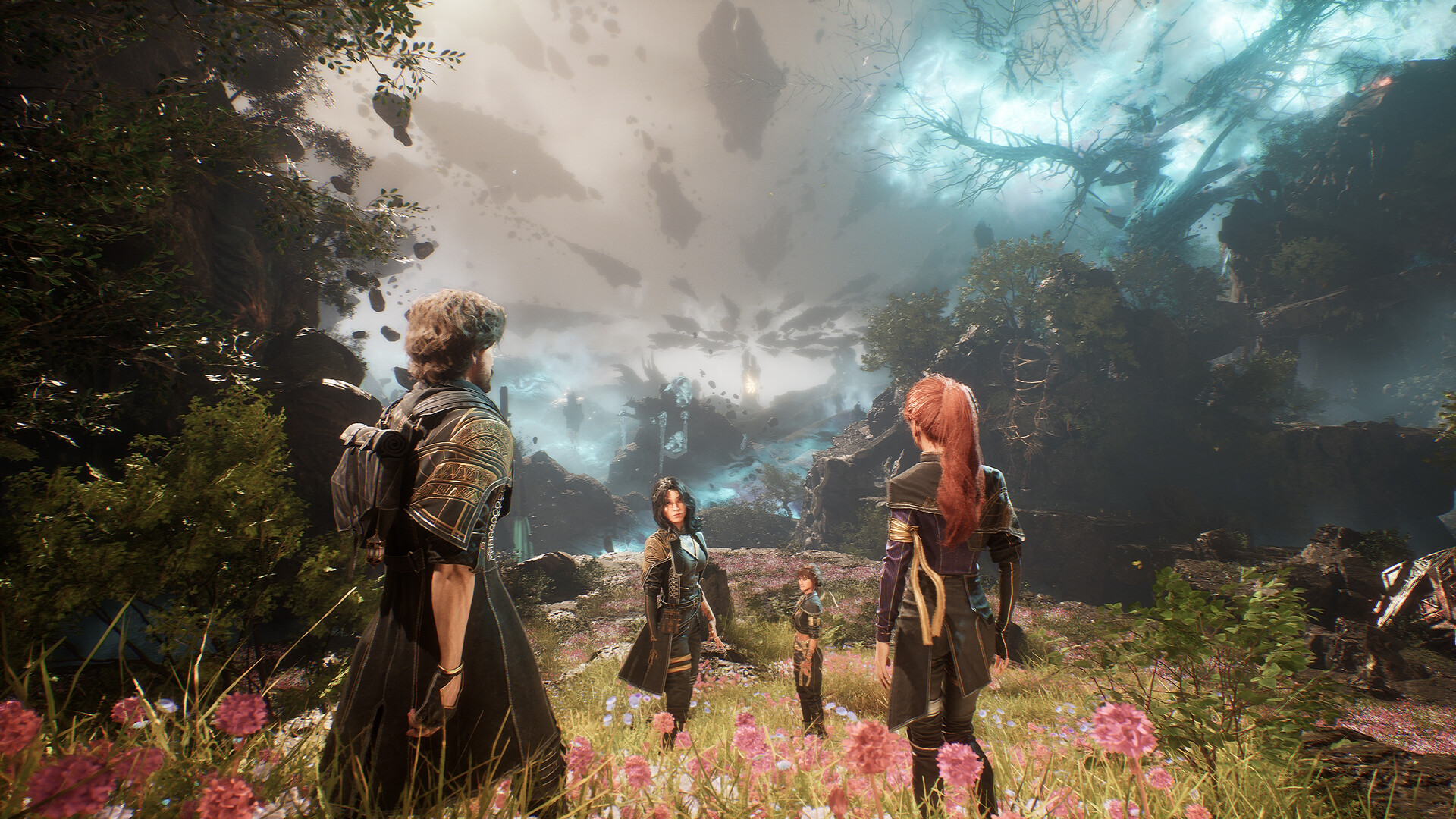 Clair Obscur: Expedition 33 party standing in a flowered clearing