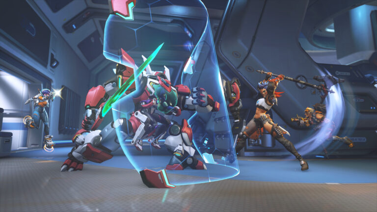 Overwatch heroes in combat on an objective point