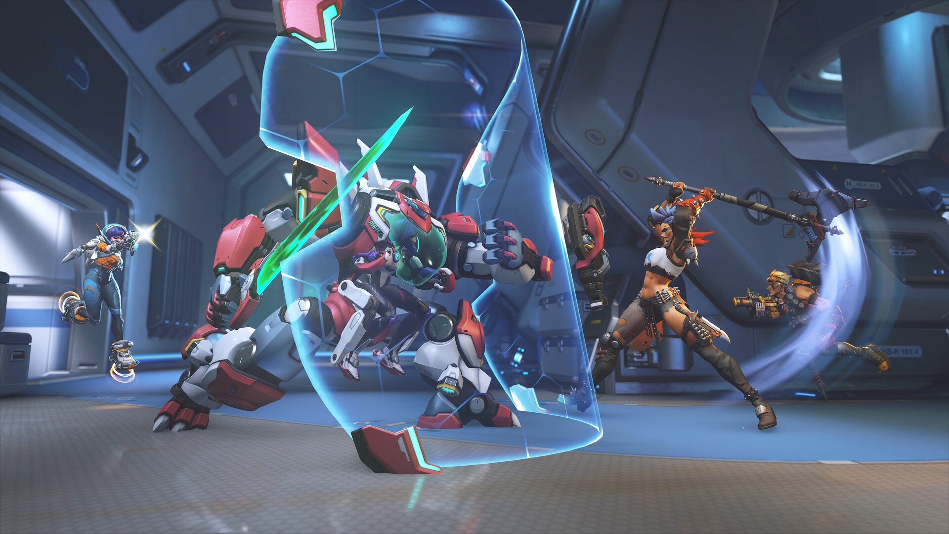 Overwatch heroes in combat on an objective point
