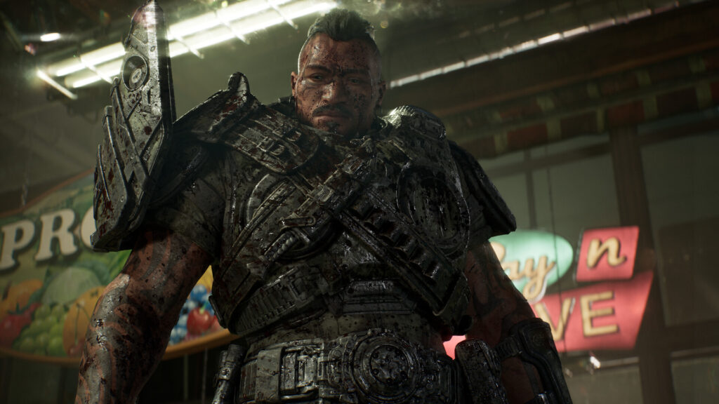 Gears of War: E-Day soldier in blood-spattered armor inside a store