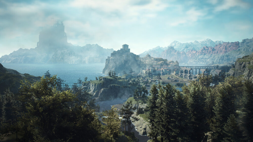 An Arisen and pawns traveling the world of Dragon's Dogma 2