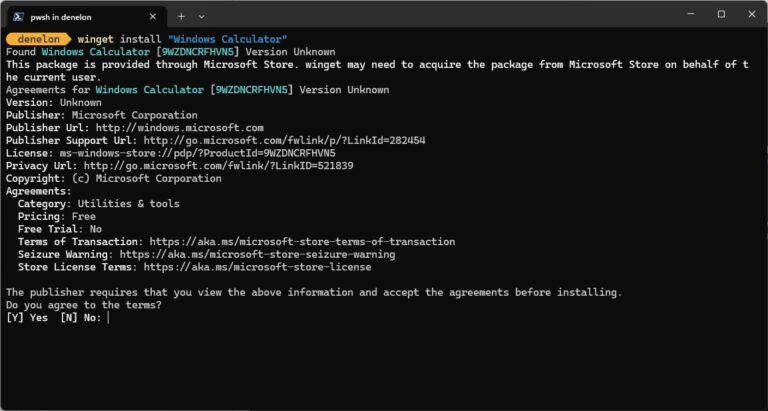 winget agreements prompt for a Microsoft Store package in PowerShell