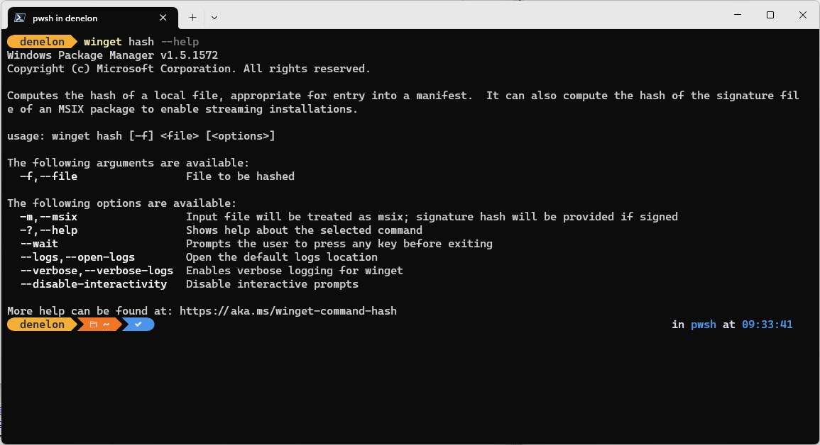 winget hash help output in Windows Terminal listing the file argument